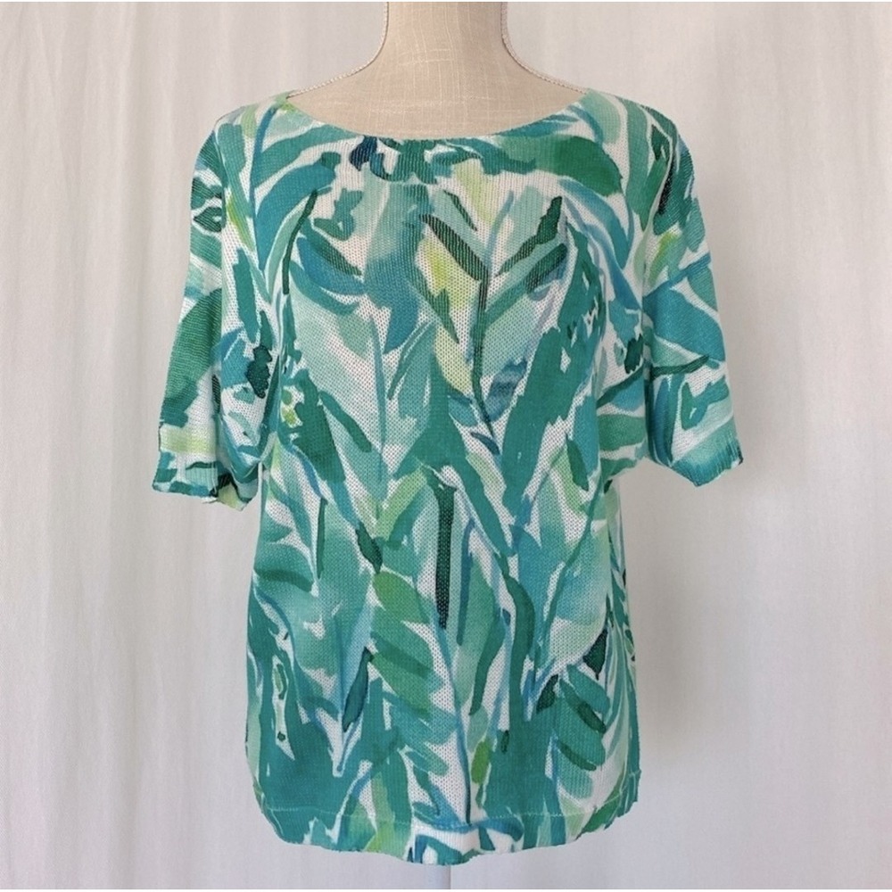 Luisa Ricci Short Sleeve Loose Knit Top Size Large L Tropical Print Green Italy